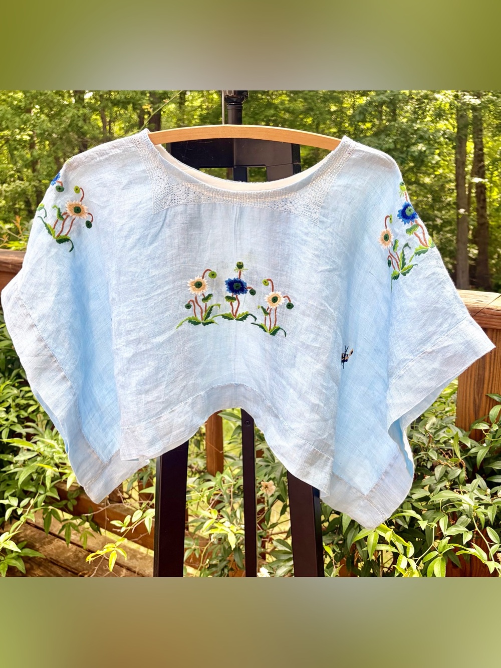 Handmade Light Blue Embroidered Floral Linen Crop Top